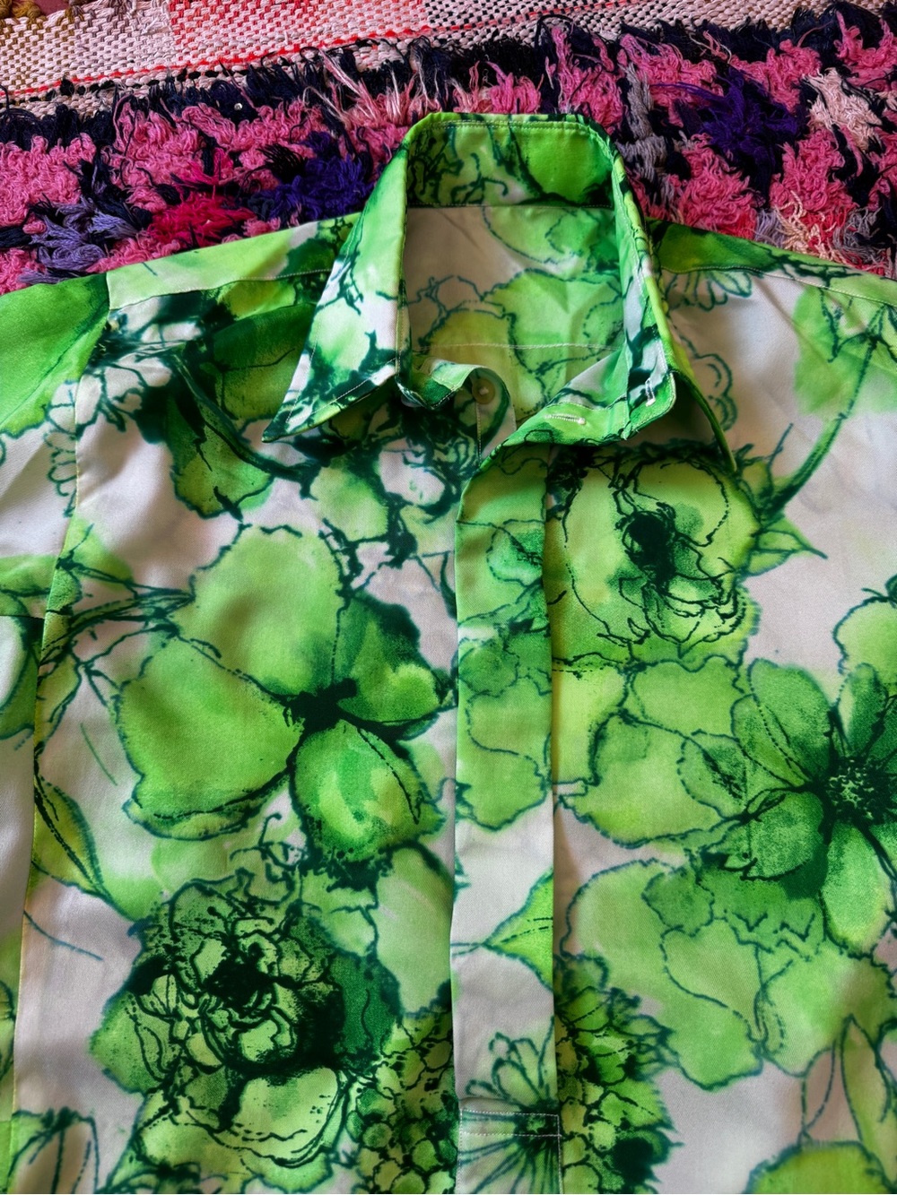 70s Vintage Handmade Bright Green Floral Maxi Shirt Dress Sz M - Picture 4 of 10